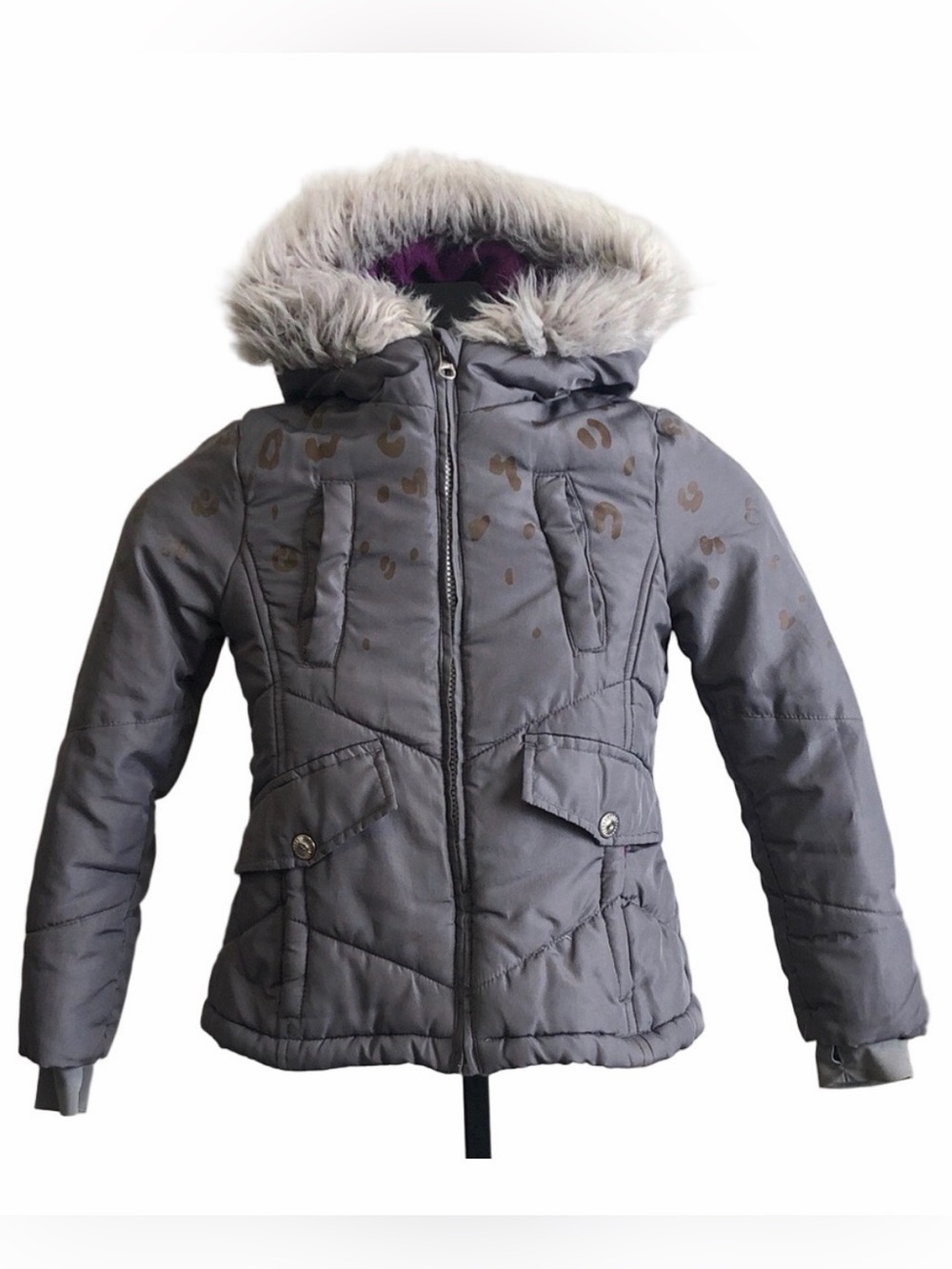 London Fog Girls' Gray Fall/Winter Jacket with Faux Fur Hood